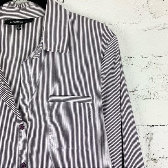 Lafayette 148 Purple Pinstriped Single Pocket Button Down Collared Blouse Small - Picture 2 of 10